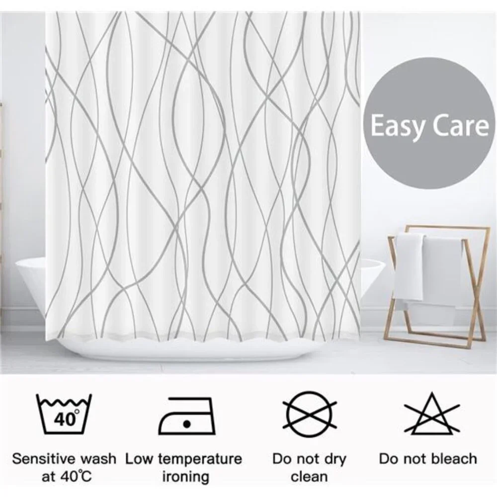 Grey and White Striped Polyester Shower Curtain for Bathroom with Hooks, Curtain